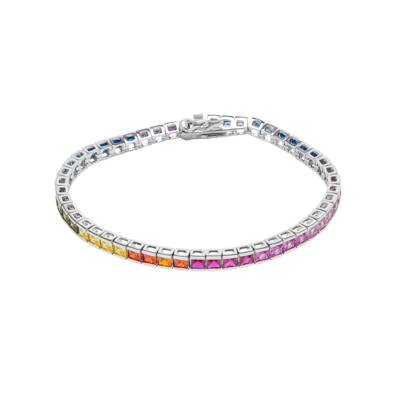 Sterling Silver Square Rectangular Rainbow Tennis Bracelet sold by Spero London