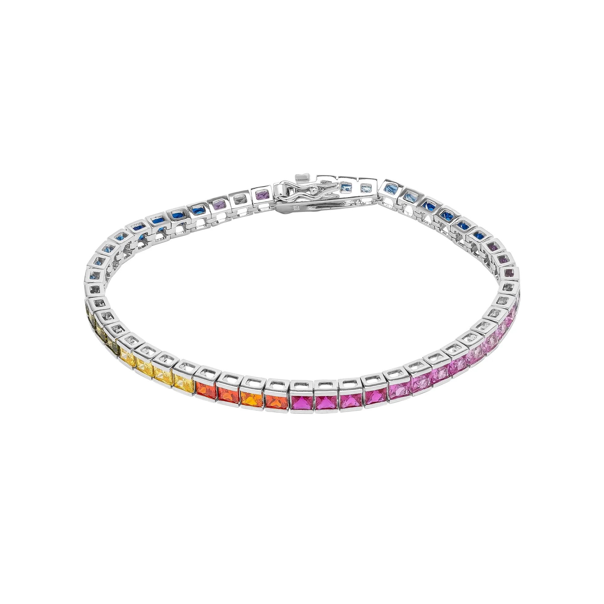 Sterling Silver Square Rectangular Rainbow Tennis Bracelet sold by Spero London