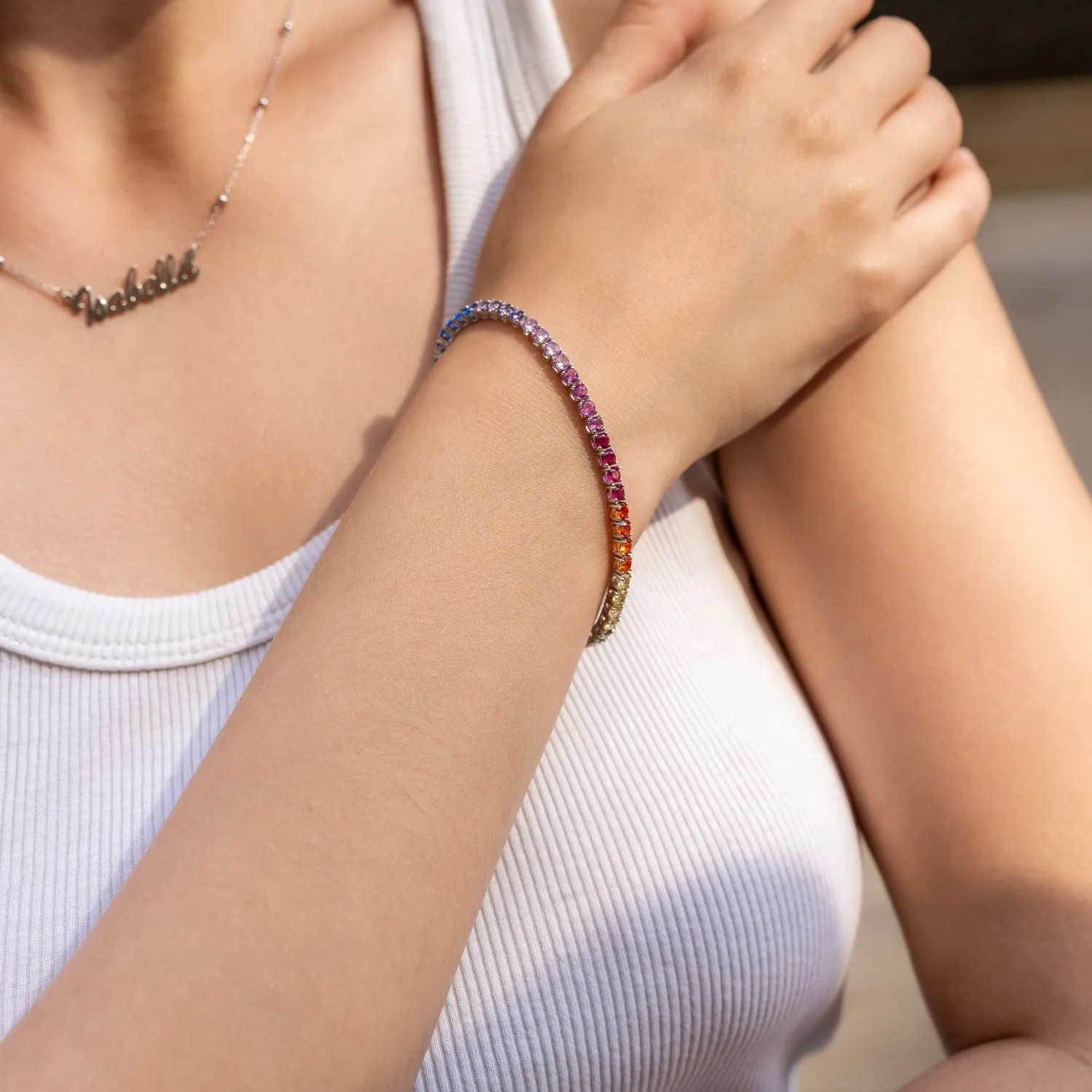 Sterling Silver Large Rainbow Tennis Bracelet sold by Spero London product image thumbnail 4