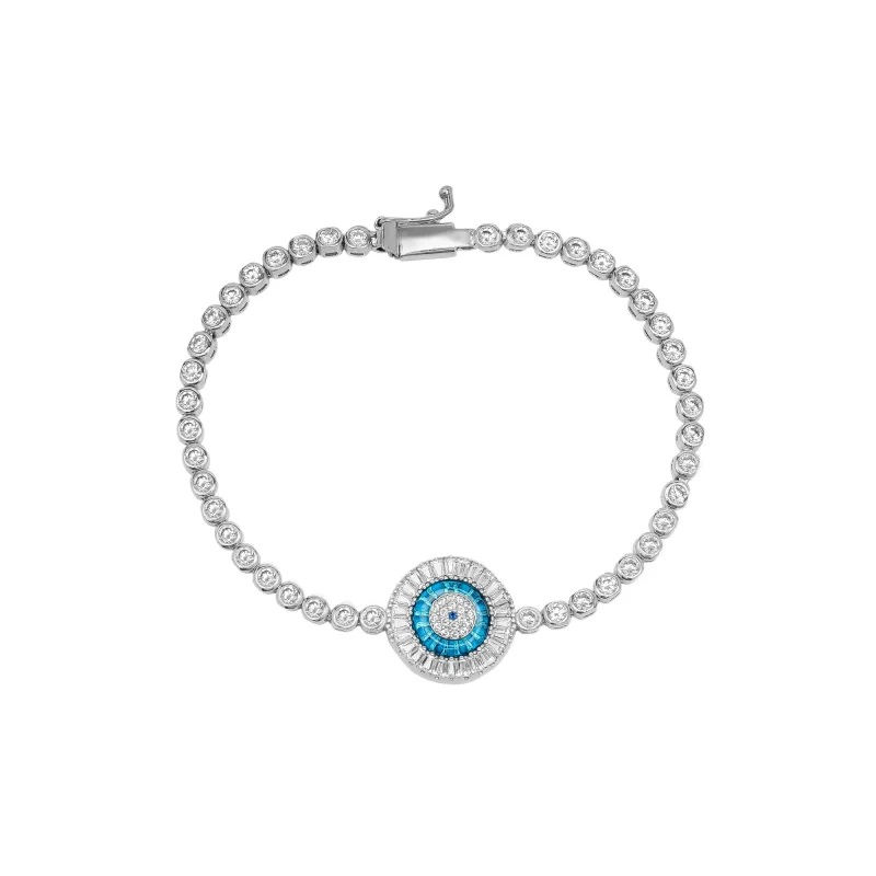 Round Bezel Evil Eye Sterling Silver Tennis Bracelet sold by Spero London