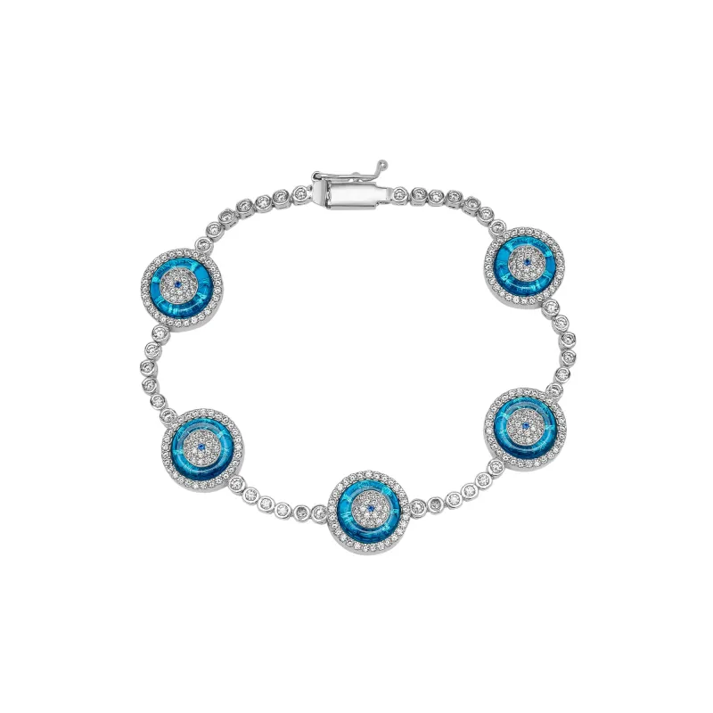 Round Bezel Evil Eye Sterling Silver Tennis Bracelet sold by Spero London