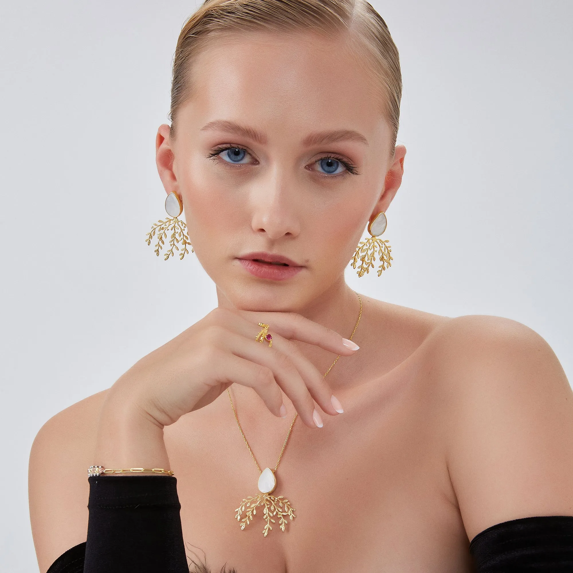 Mother Of Pearl Olive Branch Sterling Silver Earring & Necklace Set sold by Spero London product image thumbnail 4