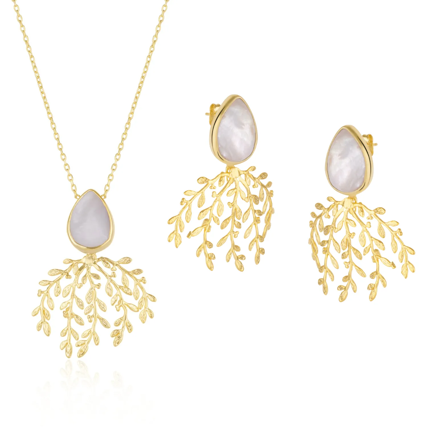 Mother Of Pearl Olive Branch Sterling Silver Earring & Necklace Set sold by Spero London