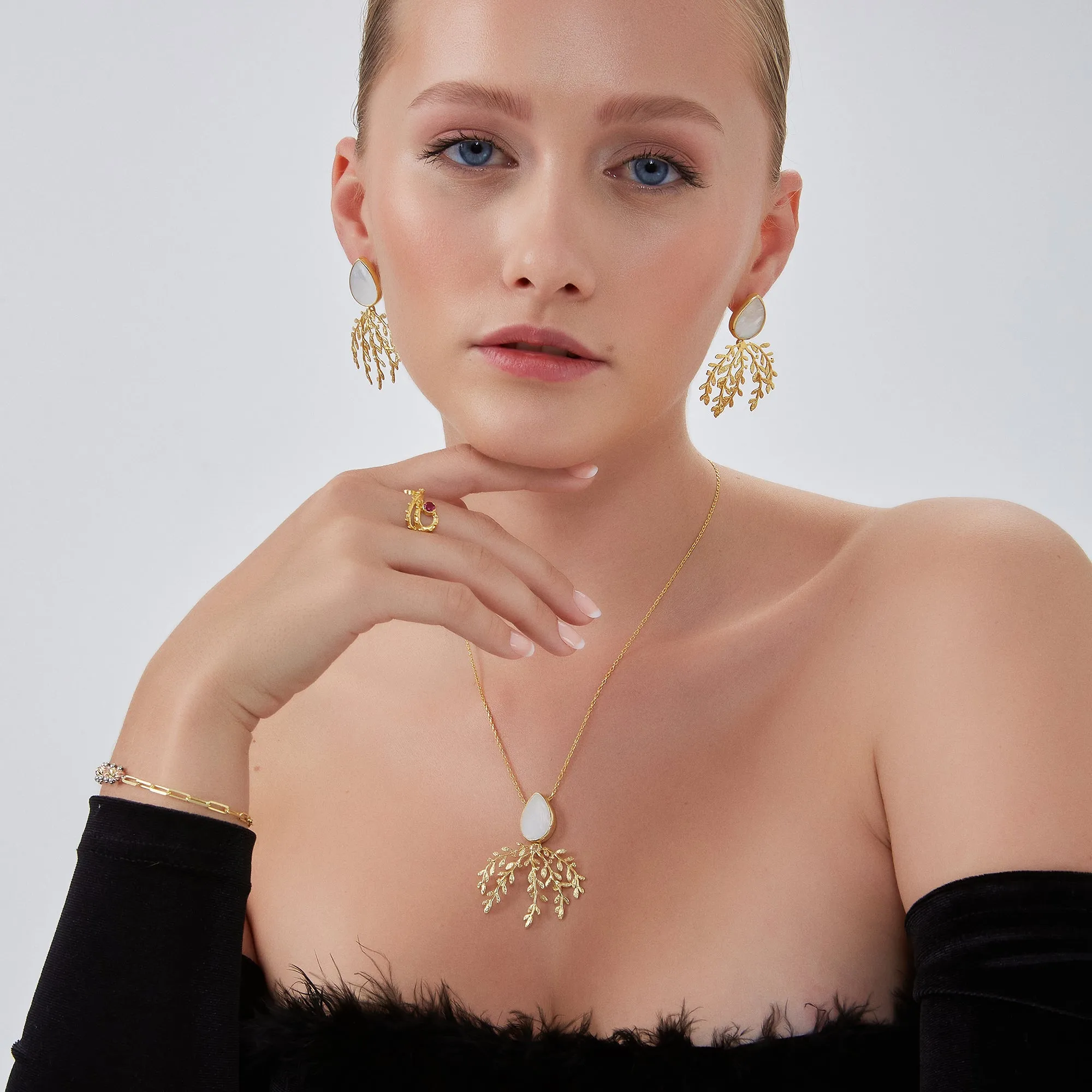 Mother Of Pearl Olive Branch Sterling Silver Earring & Necklace Set sold by Spero London product image thumbnail 2