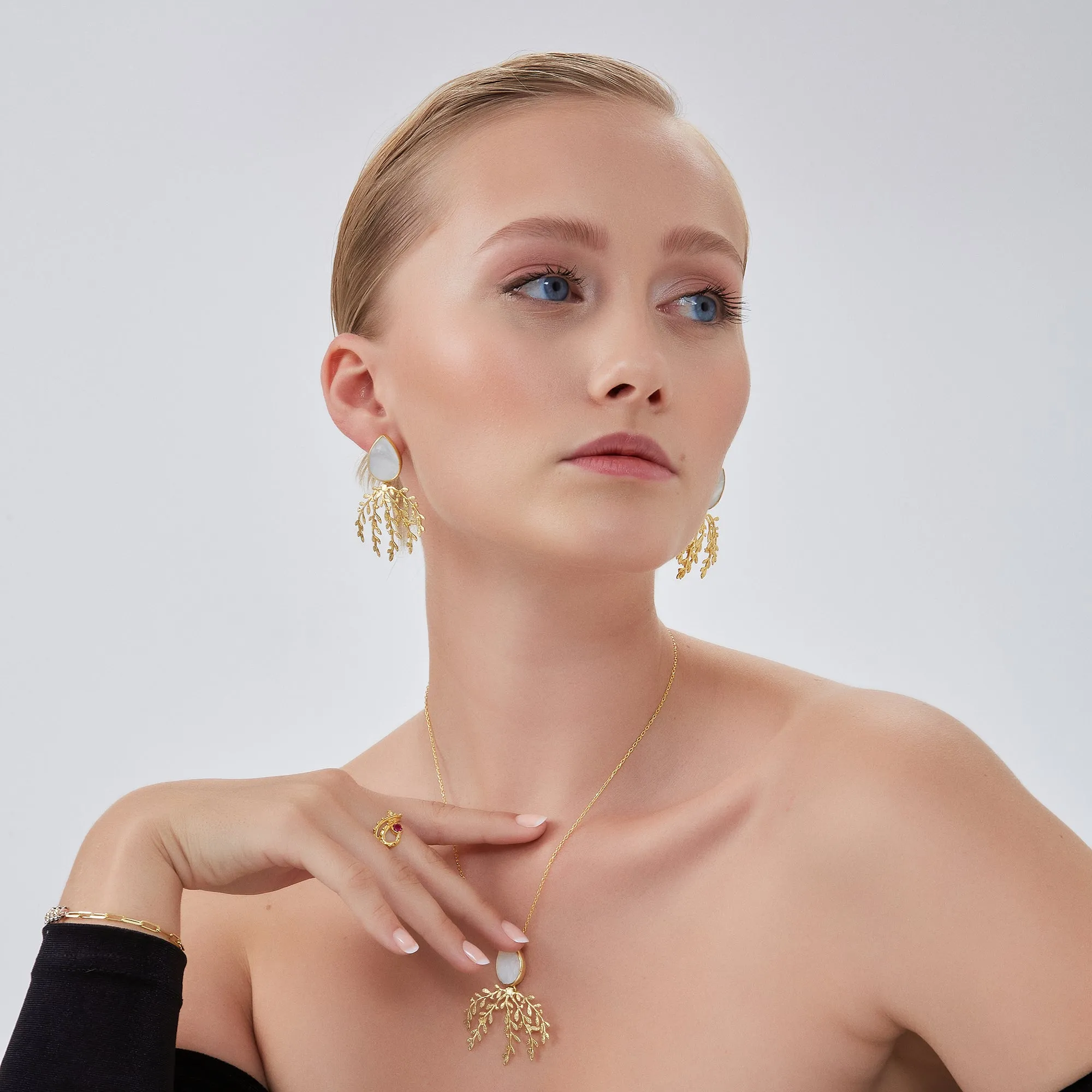 Mother Of Pearl Olive Branch Sterling Silver Earring & Necklace Set sold by Spero London product image thumbnail 5