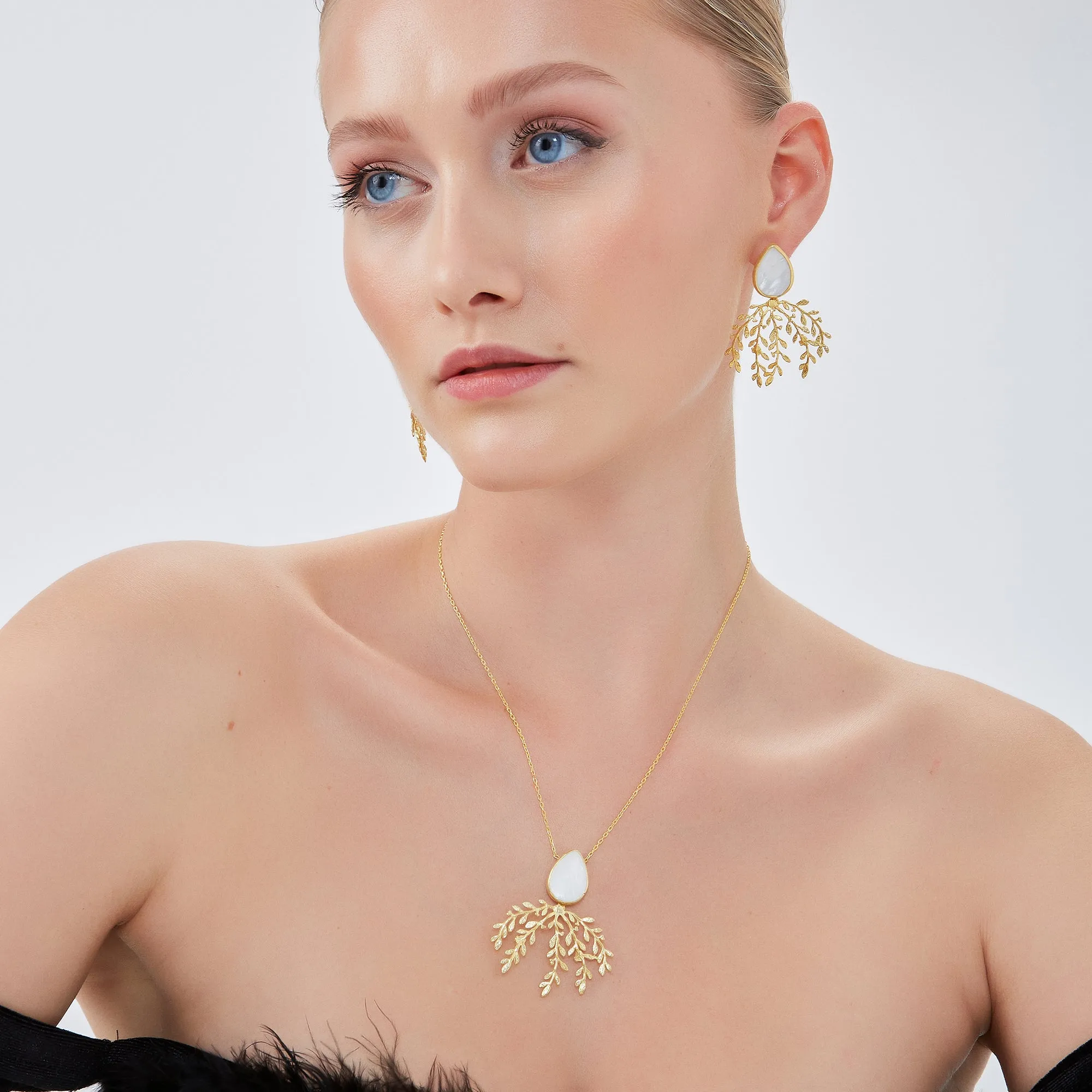 Mother Of Pearl Olive Branch Sterling Silver Earring & Necklace Set sold by Spero London product image thumbnail 3