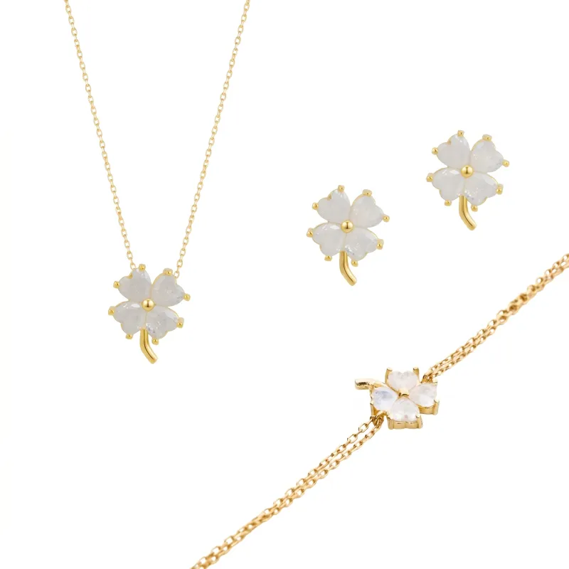 Best of Luck Four Leaves Clover Sterling Silver Bracelet Necklace and Stud Earring Set - White made by Spero London