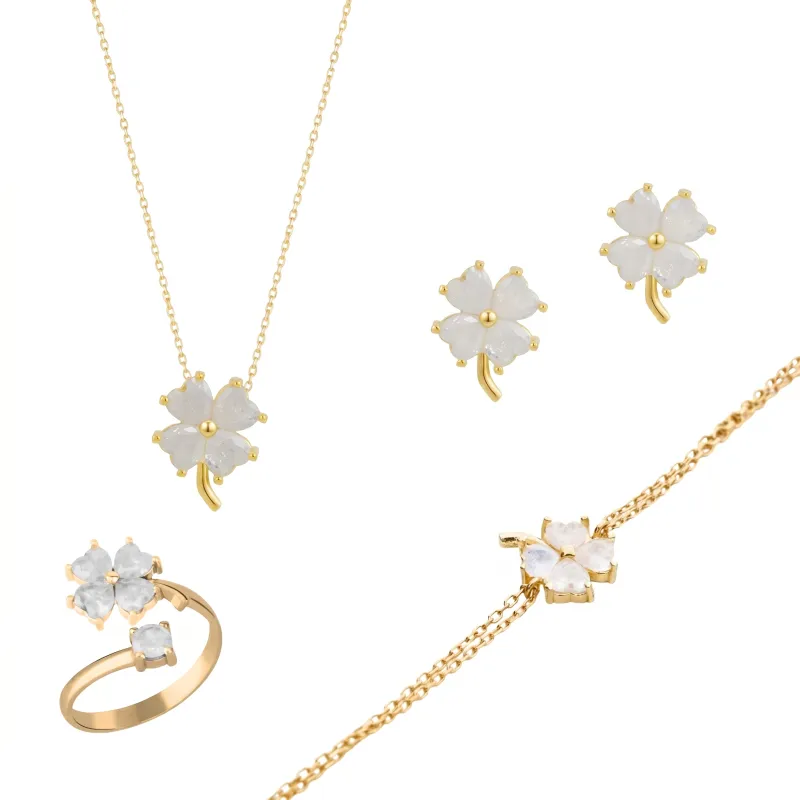 Best of Luck Four Leaves Clover Sterling Silver Bracelet Necklace Ring and Stud Earring Set - White Full Set made by Spero London