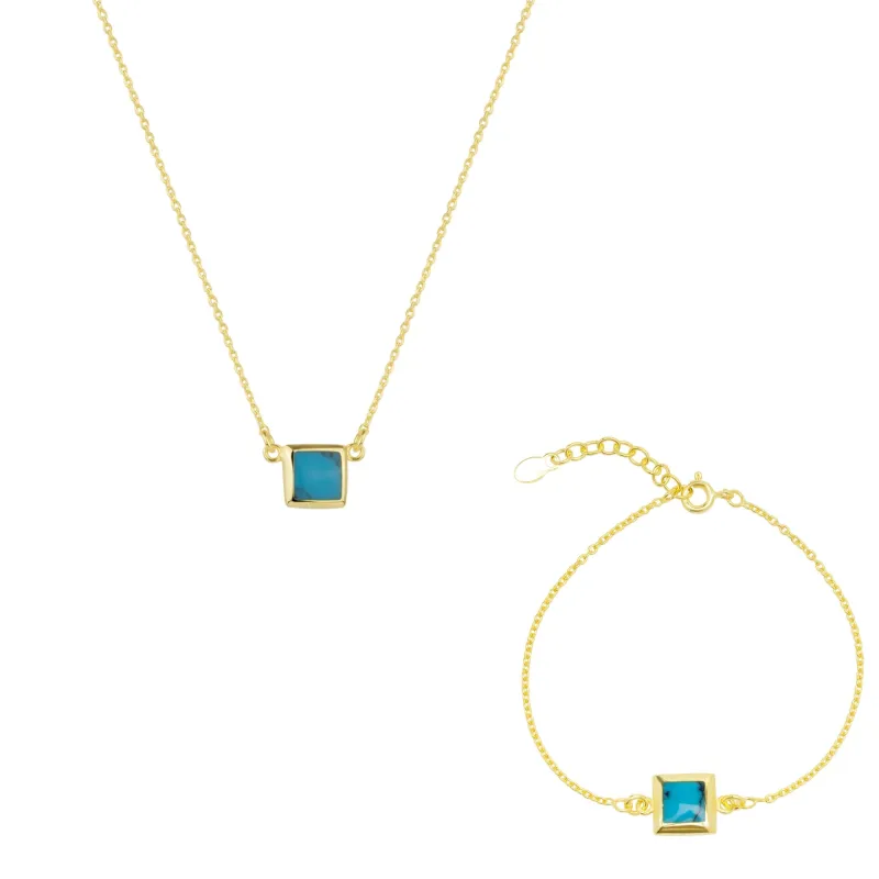 Turquoise Square Sterling Silver Necklace and Bracelet Set made by Spero London