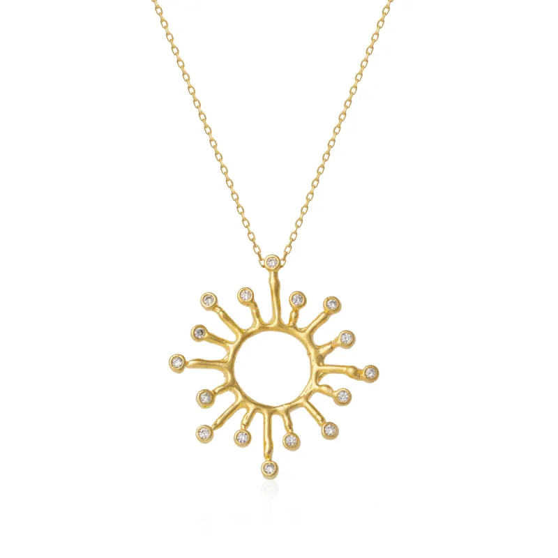 Sun Sunburst Large Textured Molten Sterling Silver Pendant Necklace sold by Spero London