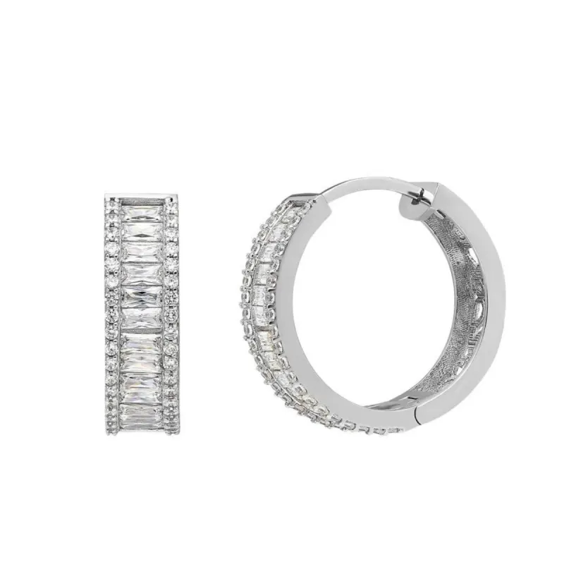 Baguette Cubic Zirconia Sterling Silver Pave Hoop Earrings sold by Spero London