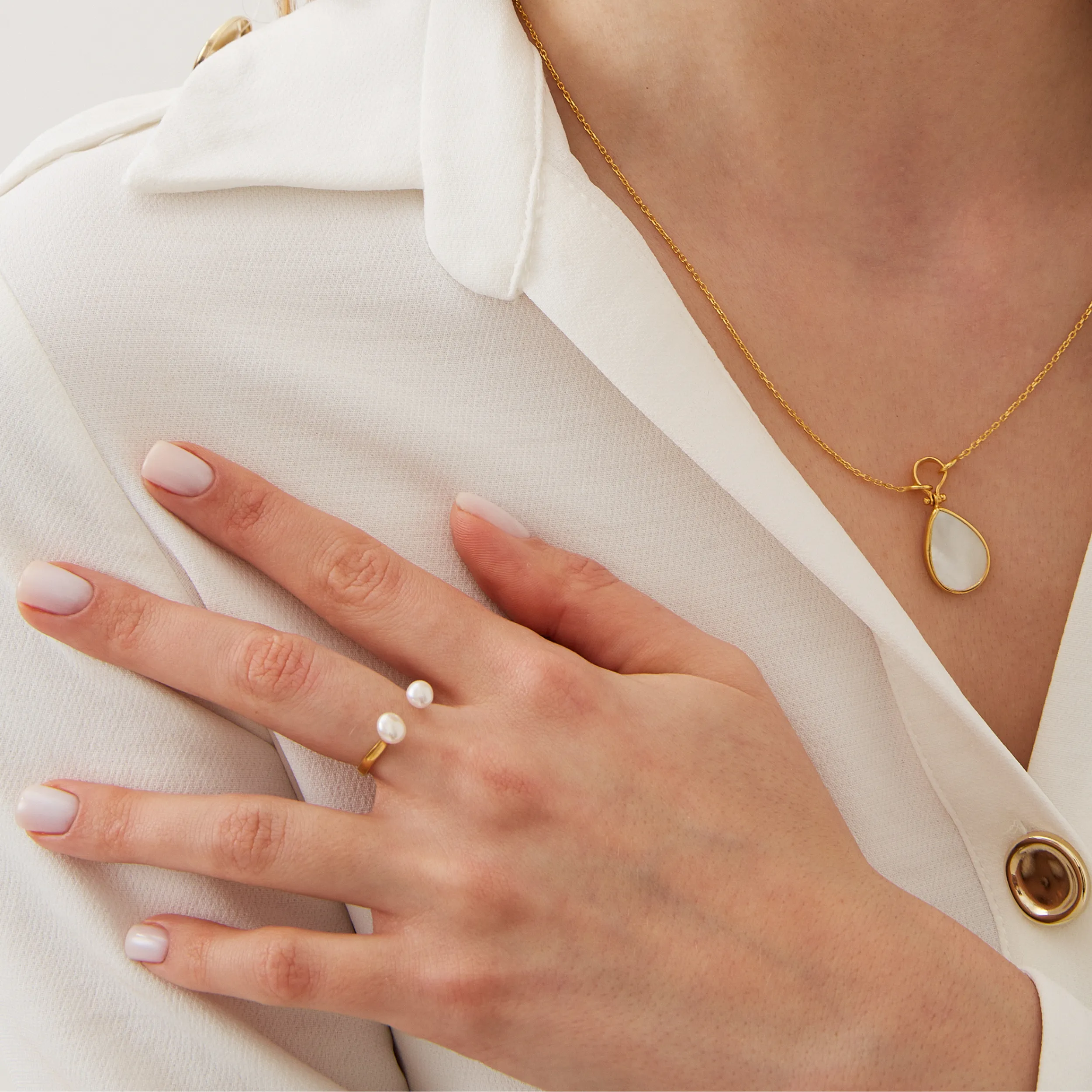 Double Pearl Sterling Silver Adjustable Open Ring sold by Spero London product image thumbnail 3