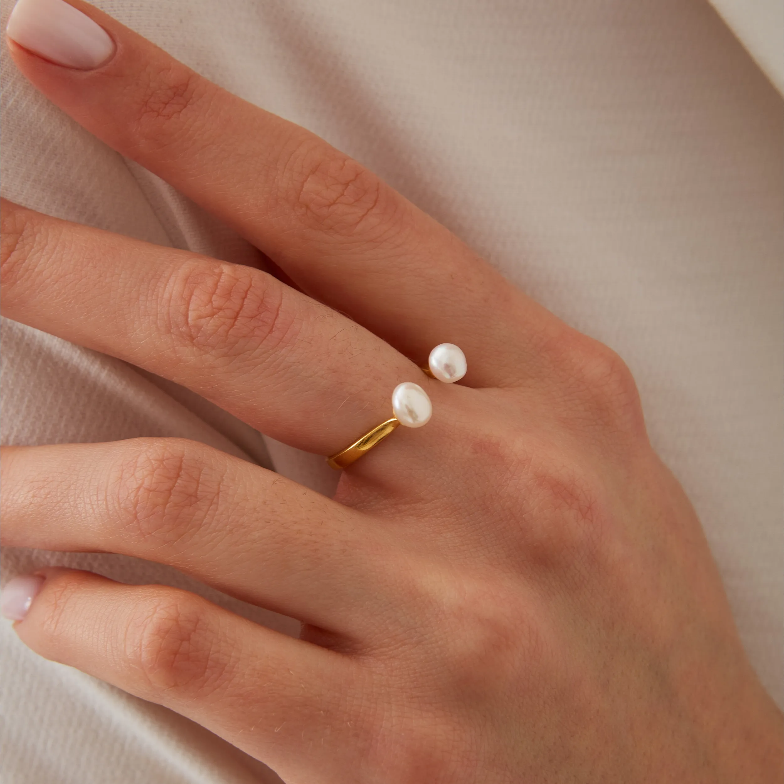 Double Pearl Sterling Silver Adjustable Open Ring sold by Spero London product image thumbnail 4