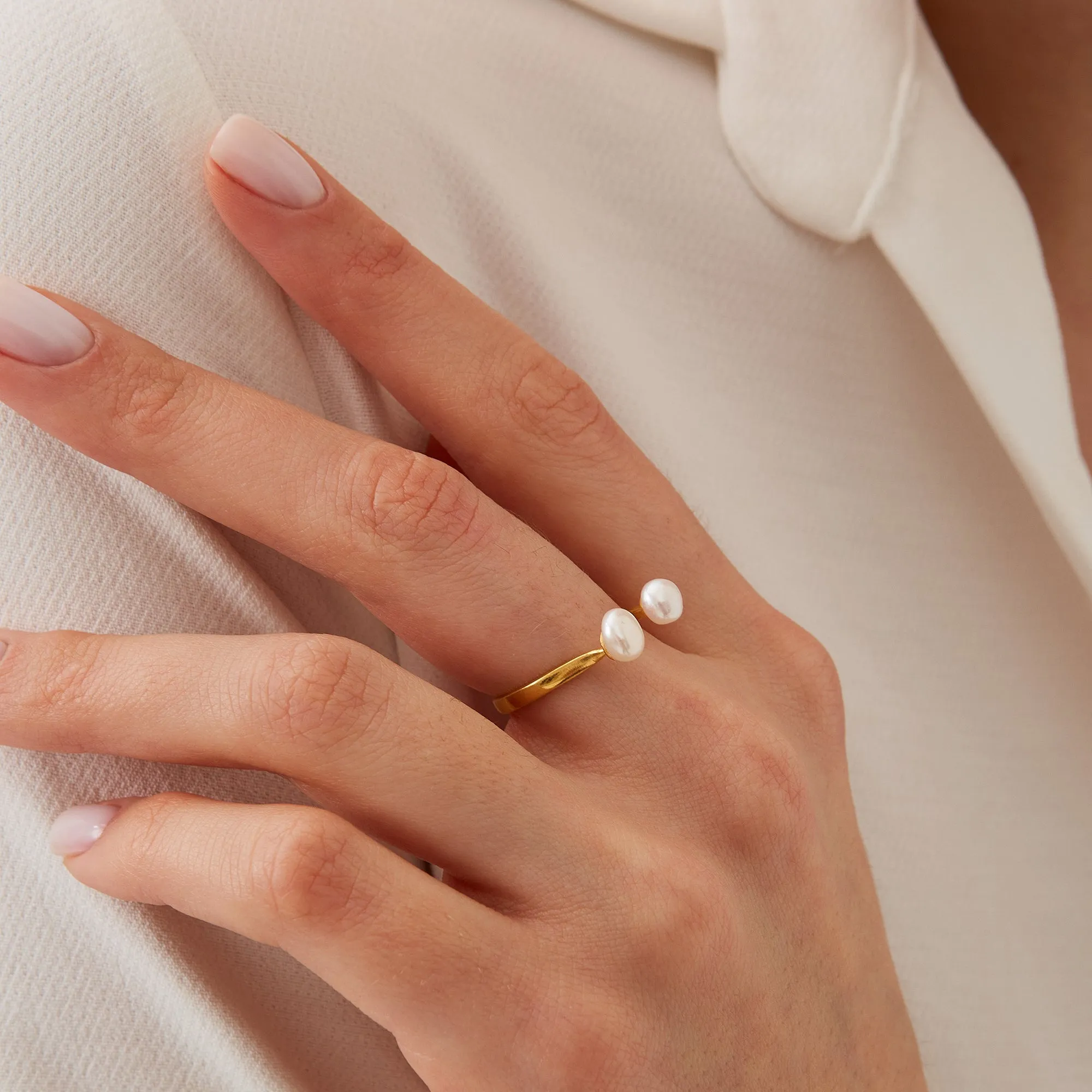 Double Pearl Sterling Silver Adjustable Open Ring sold by Spero London product image thumbnail 2