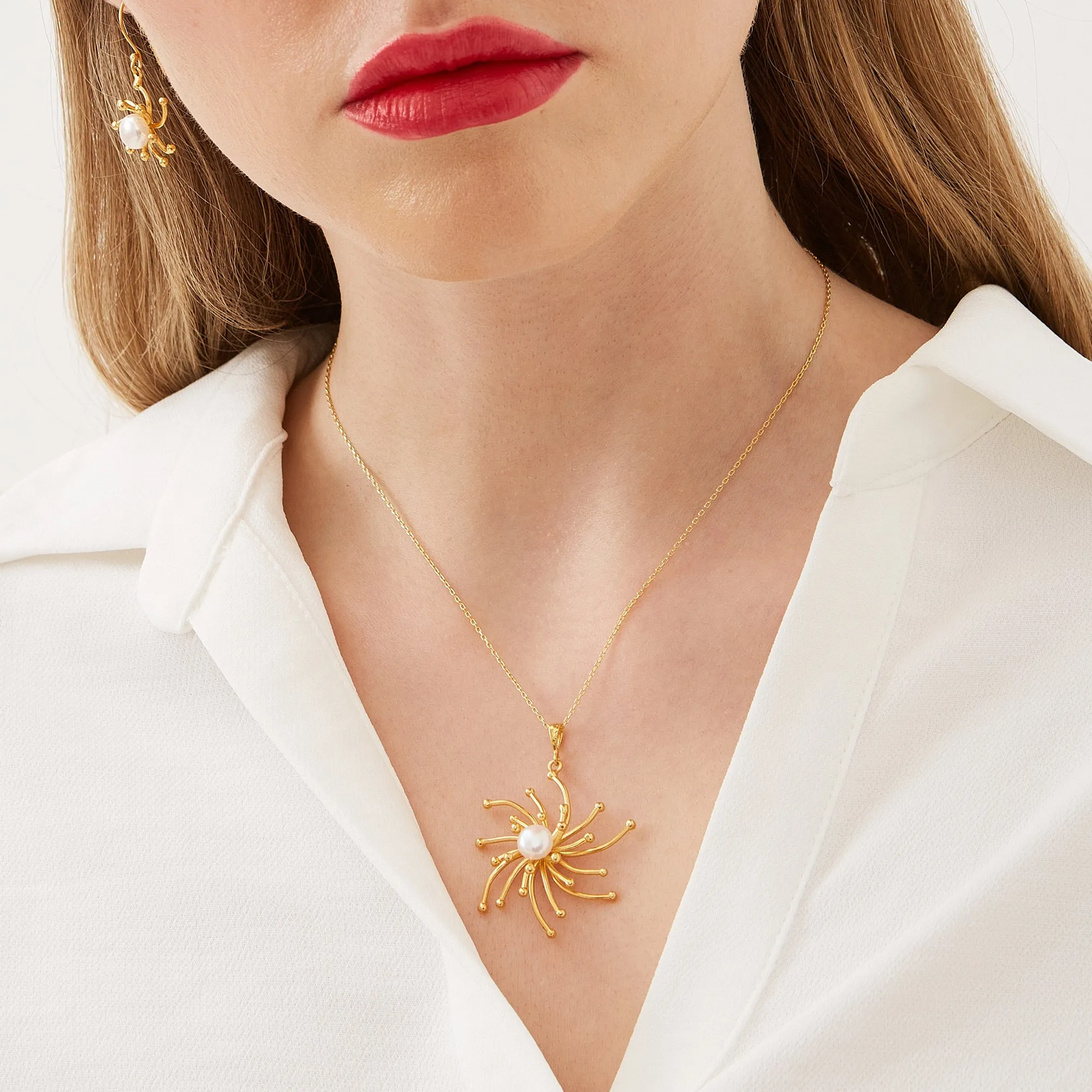 Pearl Sun Molten Dripping Sunburst Sterling Silver Pendant Necklace and Drop Earrings Set sold by Spero London product image thumbnail 4