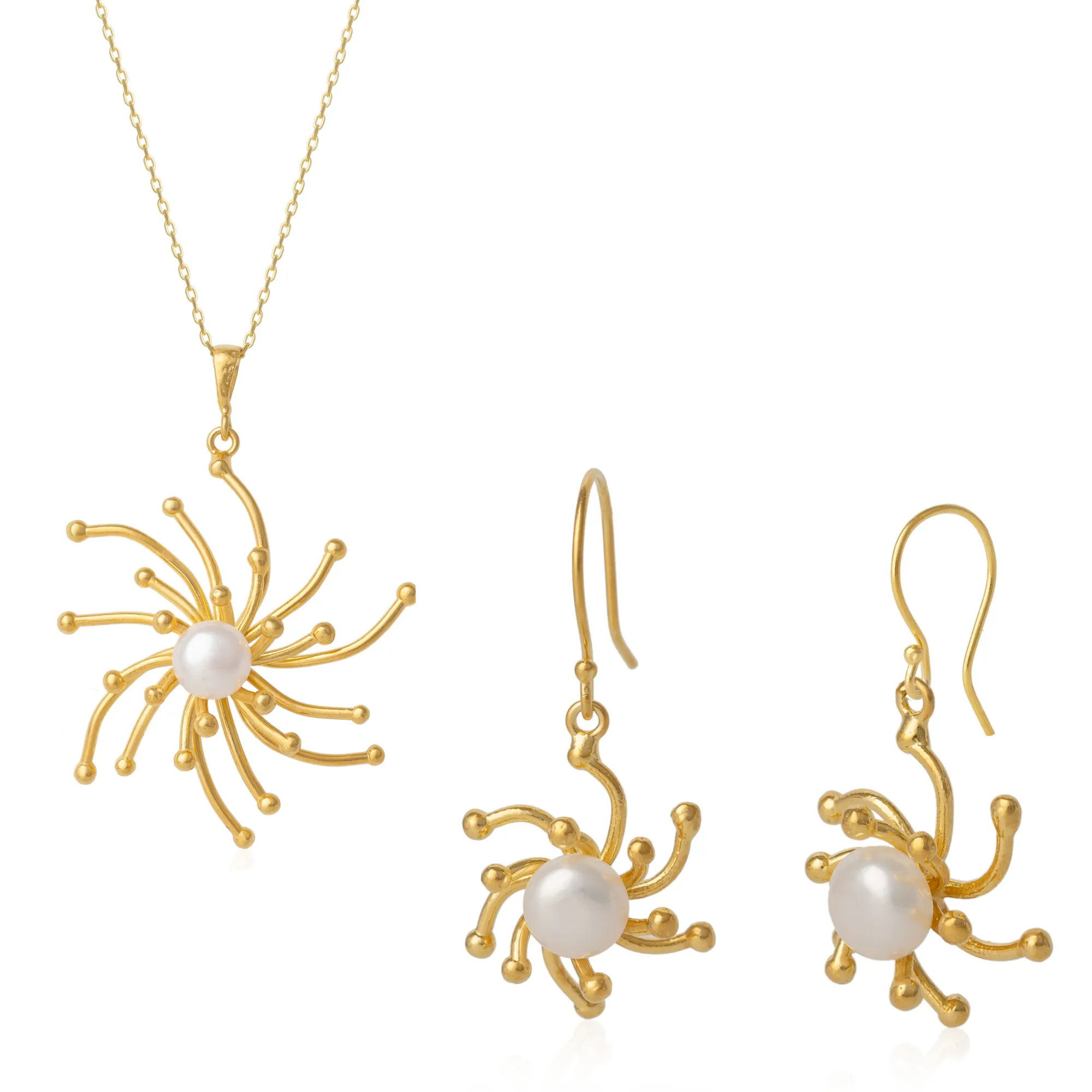 Pearl Sun Molten Dripping Sunburst Sterling Silver Pendant Necklace and Drop Earrings Set sold by Spero London