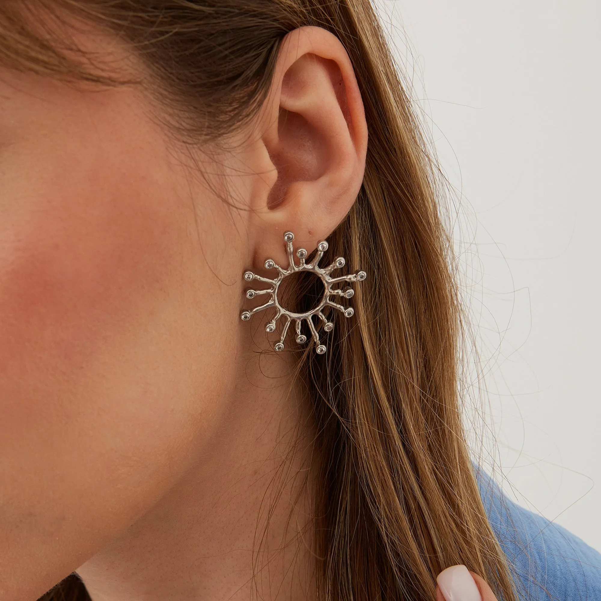 Sun Sunburst Large Textured Molten Sterling Silver Earrings sold by Spero London product image thumbnail 2