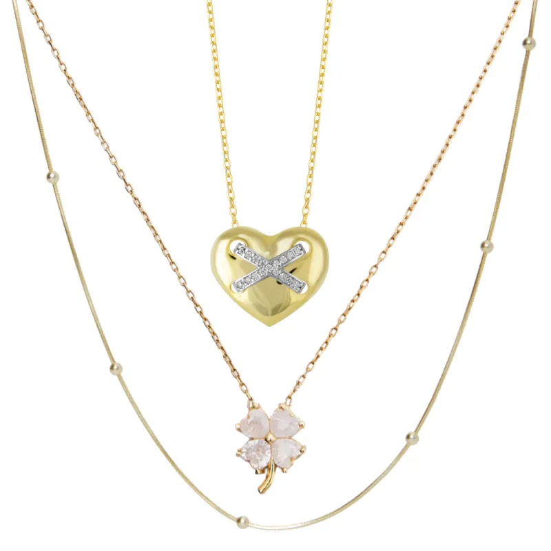 Heart X Italian Beaded White Clover Sterling Silver Stacking Necklace Set sold by Spero London