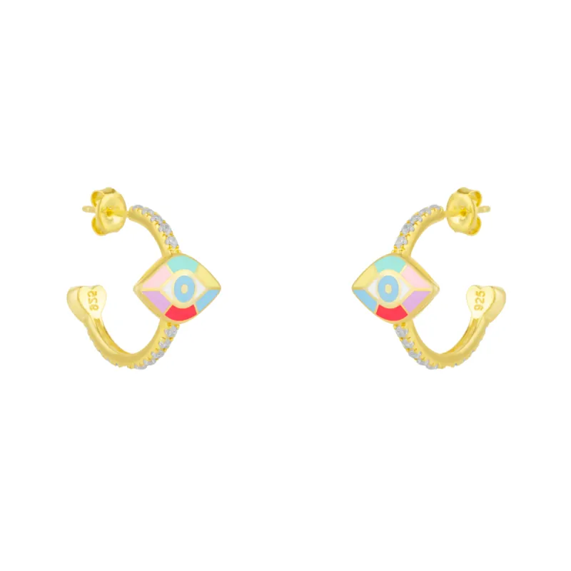 Evil Eye Rainbow Pave Sterling Silver Hoop Earrings sold by Spero London