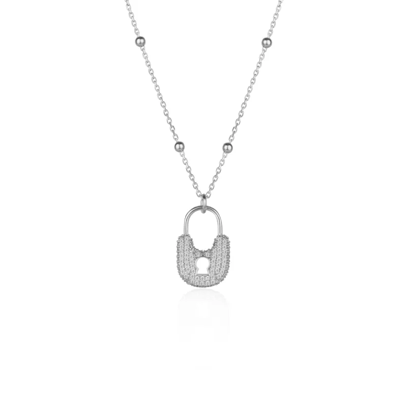 Lock Pendant Necklace With Beaded Chain Sterling Silver sold by Spero London
