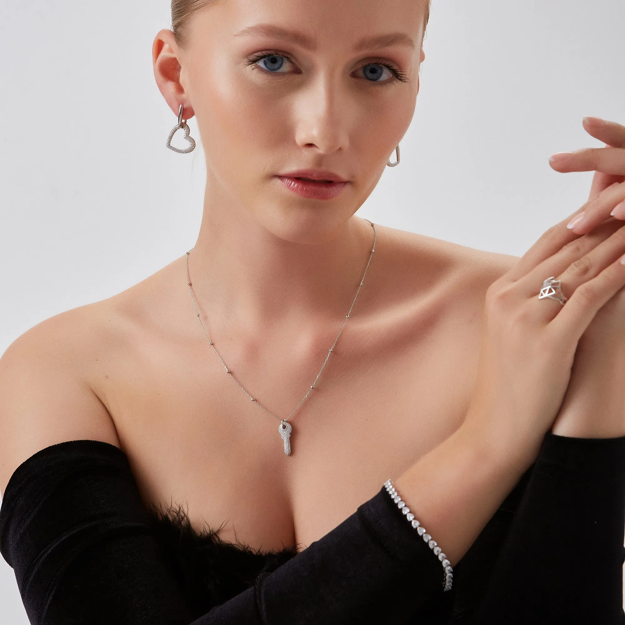 Key Pendant Necklace With Beaded Chain Sterling Silver sold by Spero London product image thumbnail 3