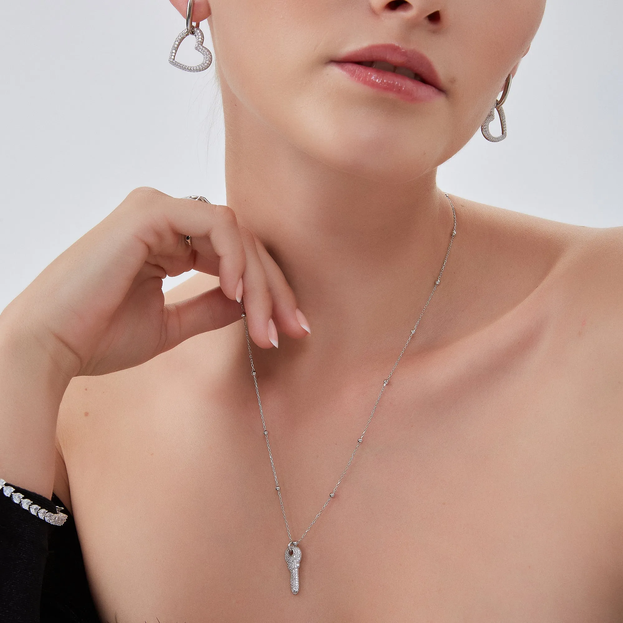 Key Pendant Necklace With Beaded Chain Sterling Silver sold by Spero London product image thumbnail 4