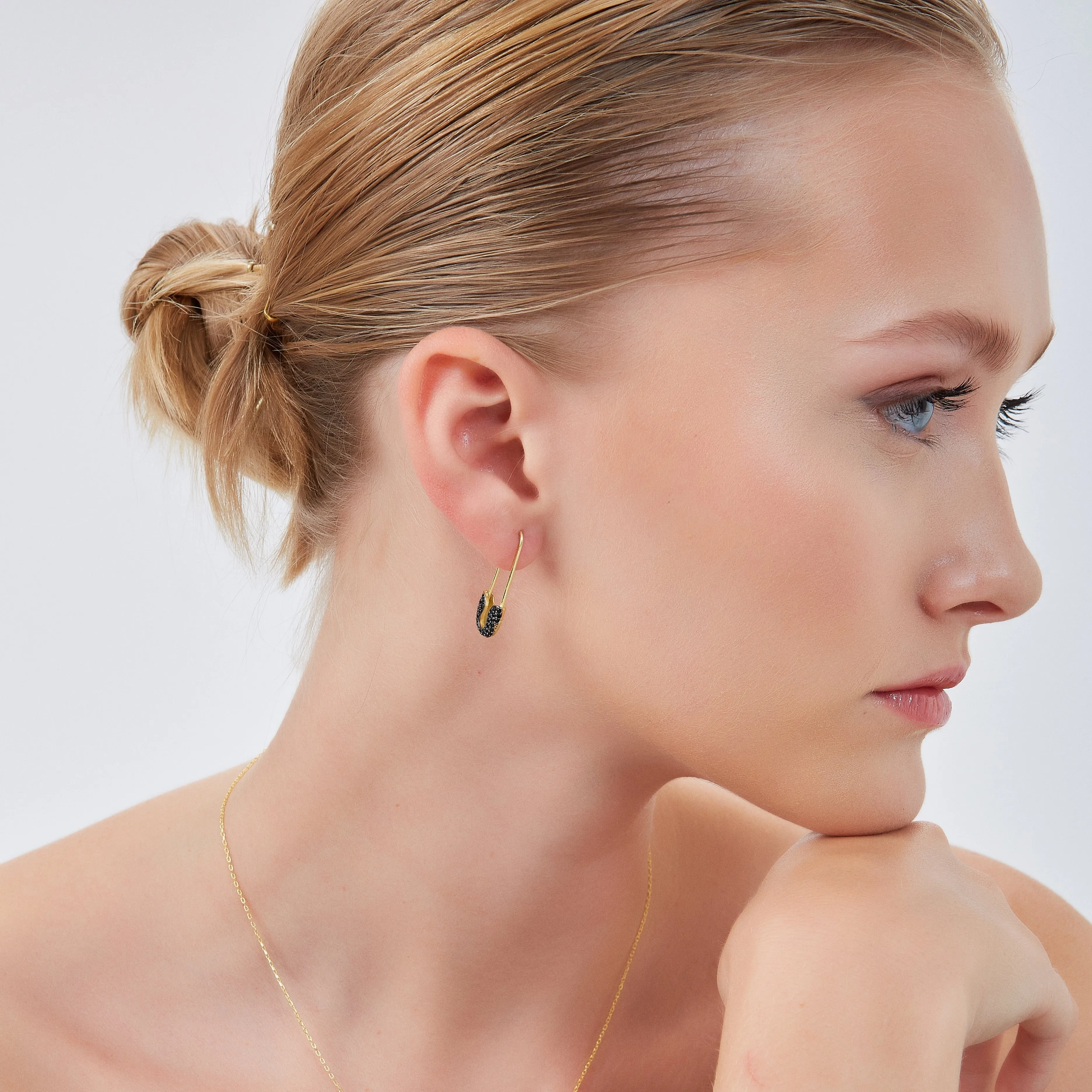 Black Pave Safety Pin Earrings Jewelled Sterling Silver sold by Spero London product image thumbnail 4