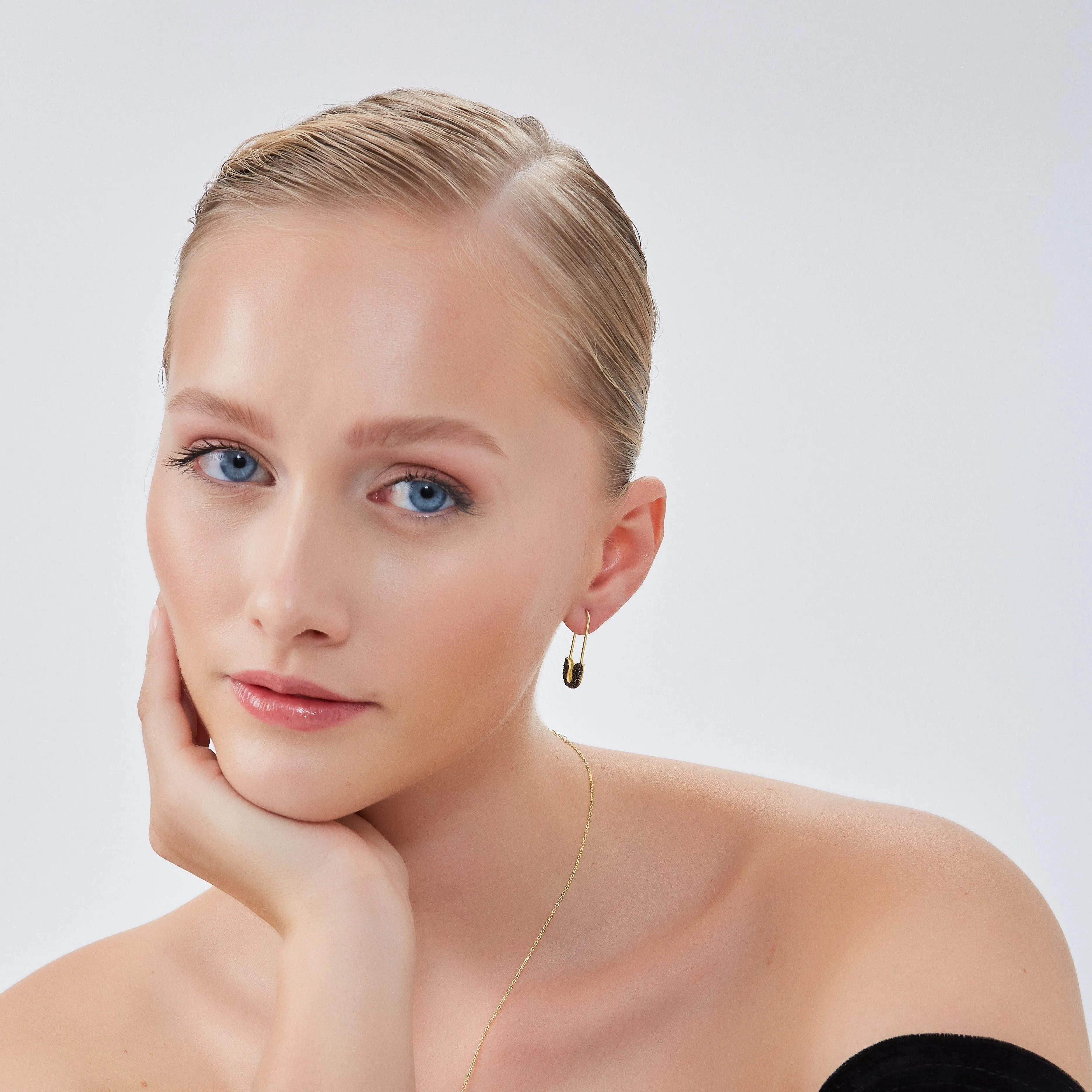 Black Pave Safety Pin Earrings Jewelled Sterling Silver sold by Spero London product image thumbnail 3