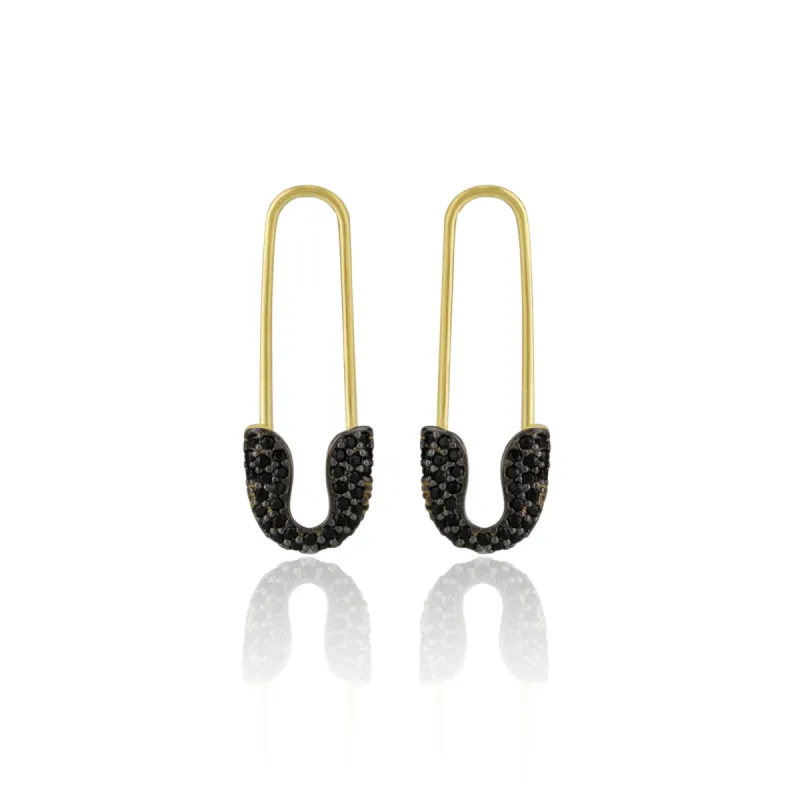 Black Pave Safety Pin Earrings Jewelled Sterling Silver sold by Spero London