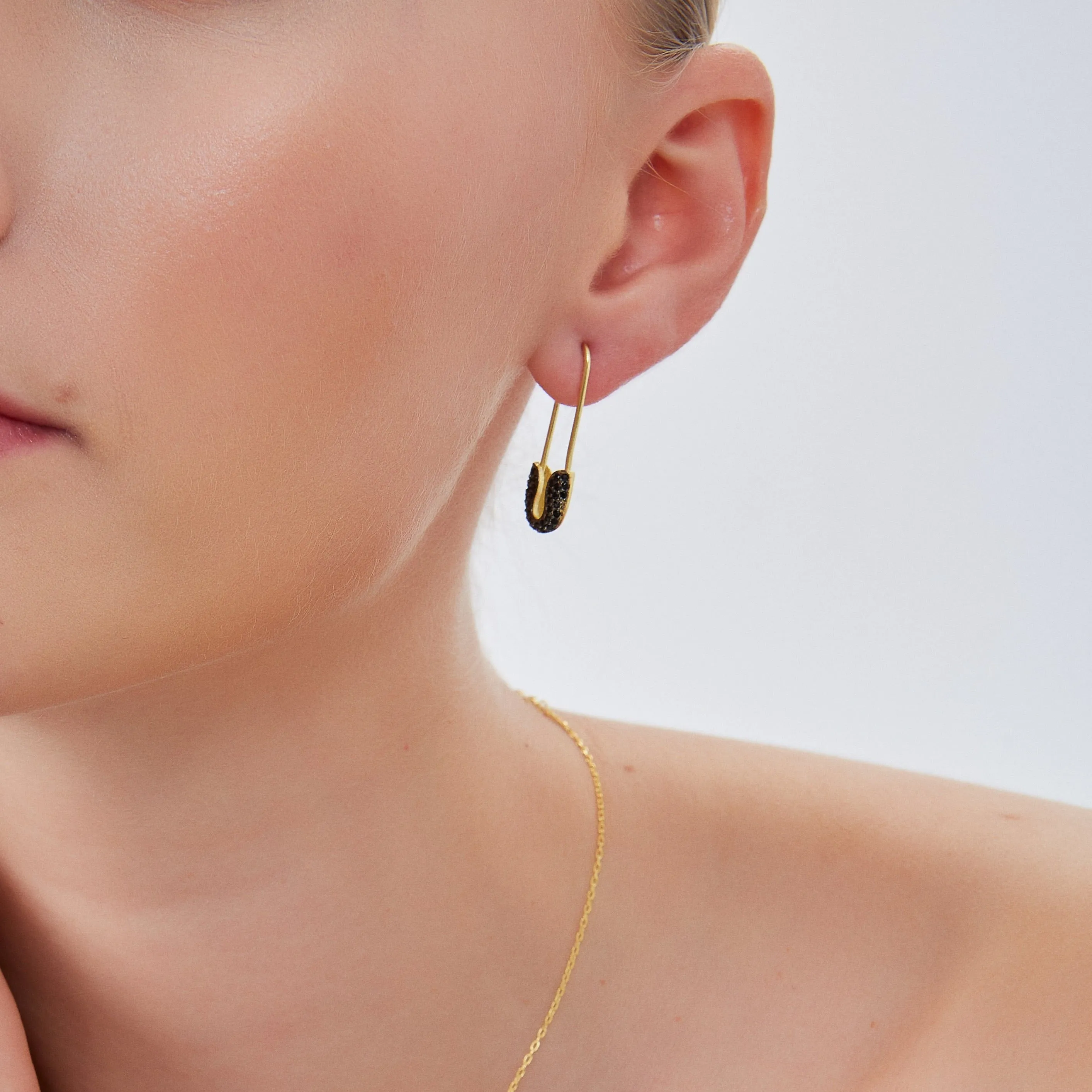 Black Pave Safety Pin Earrings Jewelled Sterling Silver sold by Spero London product image thumbnail 2