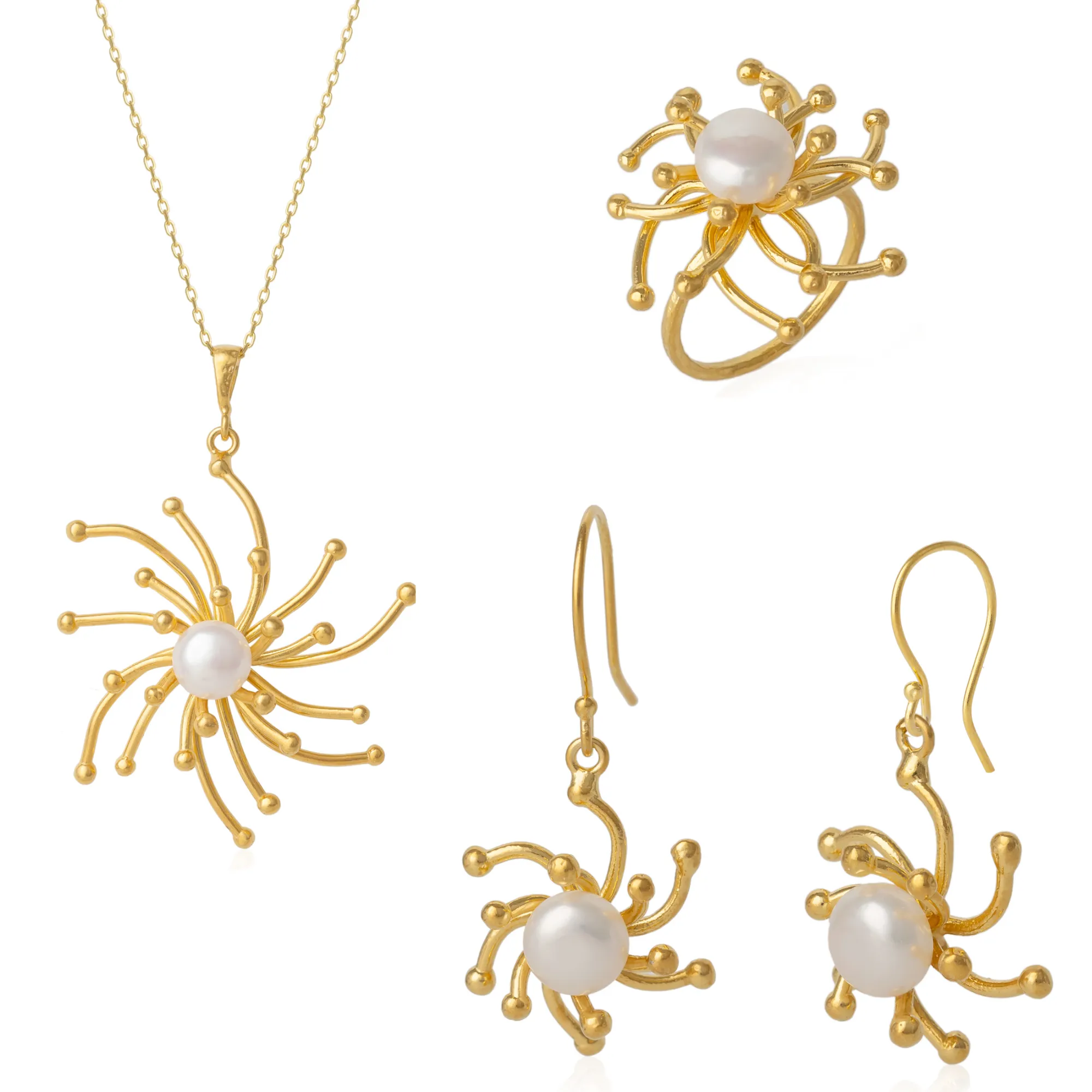 Pearl Sun Molten Dripping Sunburst Sterling Silver Complete Set Ring Necklace and Earrings sold by Spero London