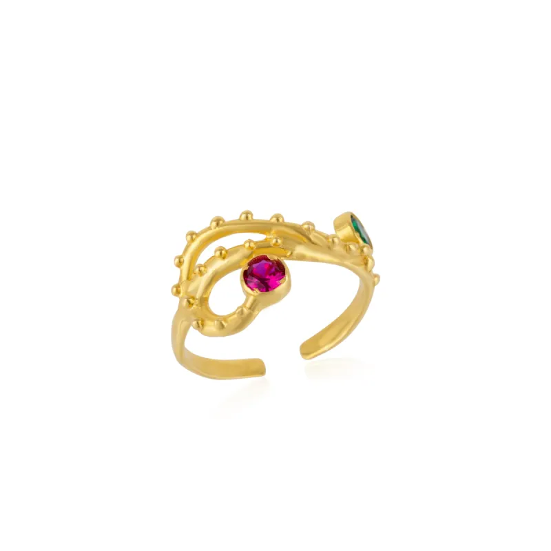 Emerald and Ruby Color Jewelled Dragon Back Ring sold by Spero London