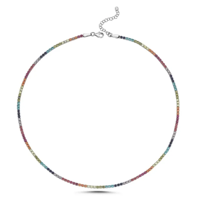 Rainbow Colourful Sterling Silver Tennis Necklace made by Spero London