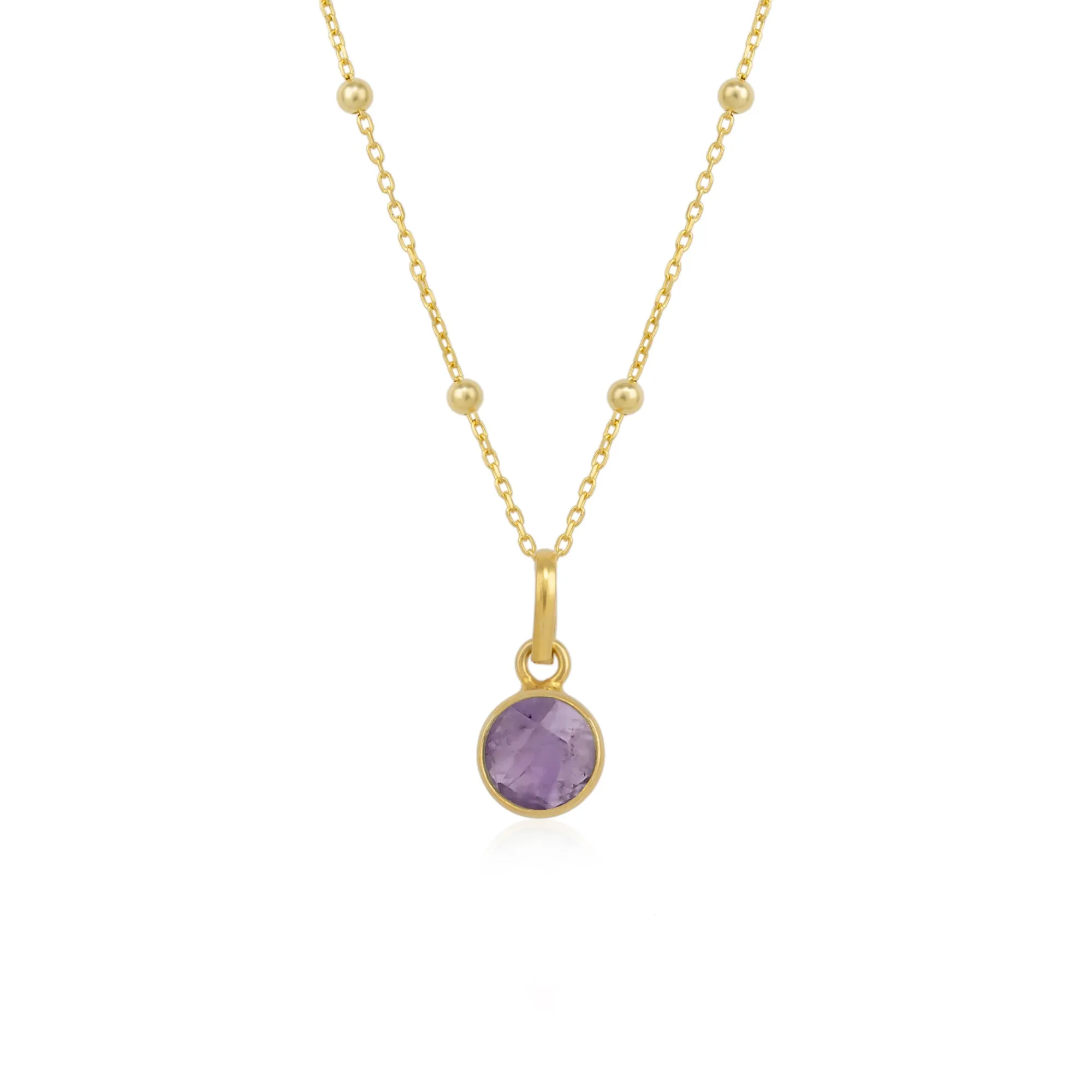 Amethyst Round Pendant Necklace With Beaded Chain in Sterling Silver sold by Spero London