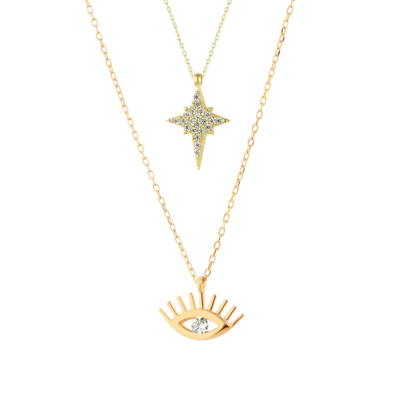 White Eye Evil Eye and Northern Star Starburst Sterling Silver Necklace Layering Set sold by Spero London