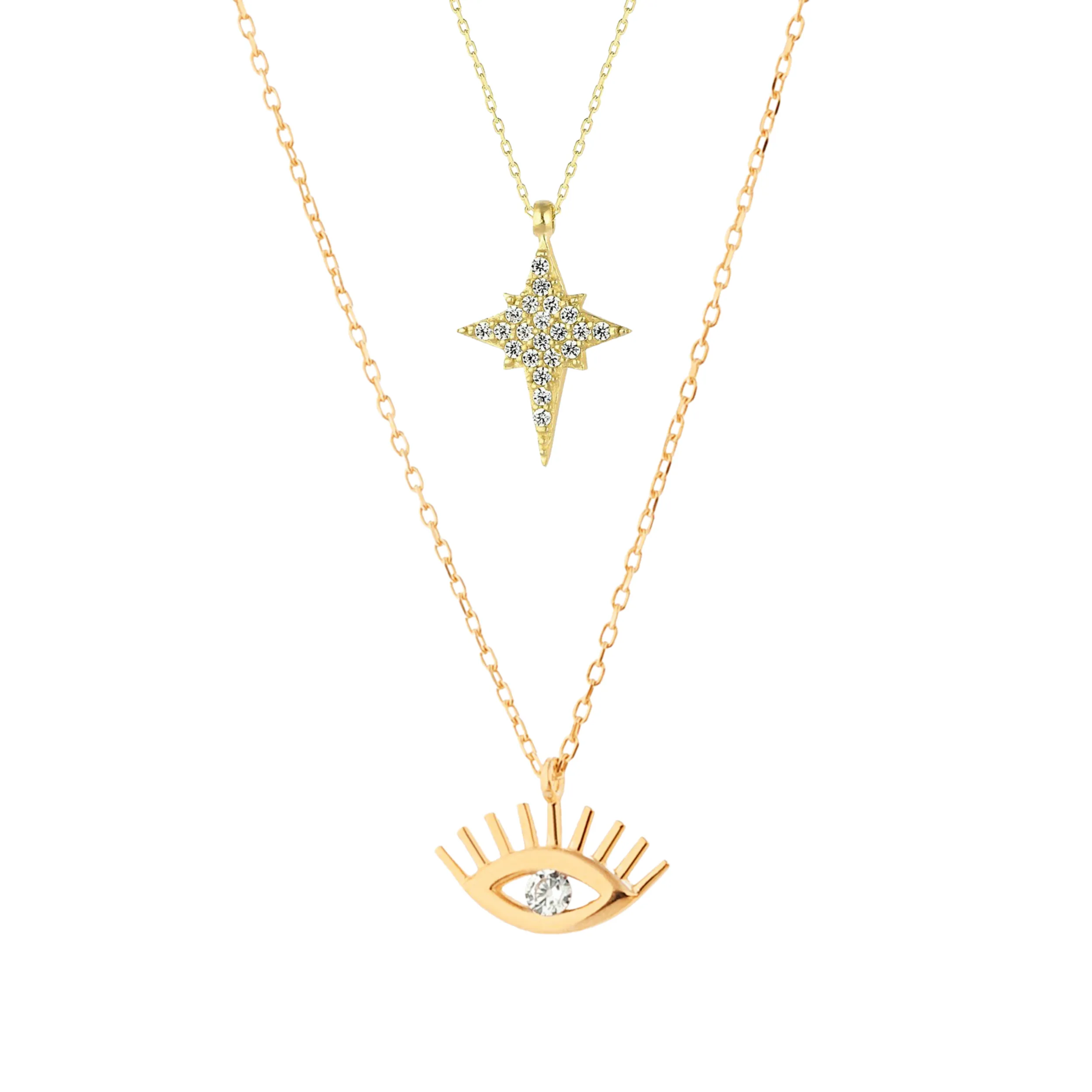 White Eye Evil Eye and Northern Star Starburst Sterling Silver Necklace Layering Set sold by Spero London