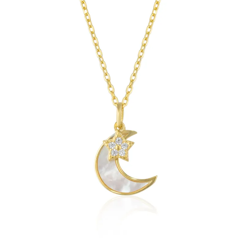 Sterling Silver Mother of Pearl Moon and Star Pendant Necklace sold by Spero London