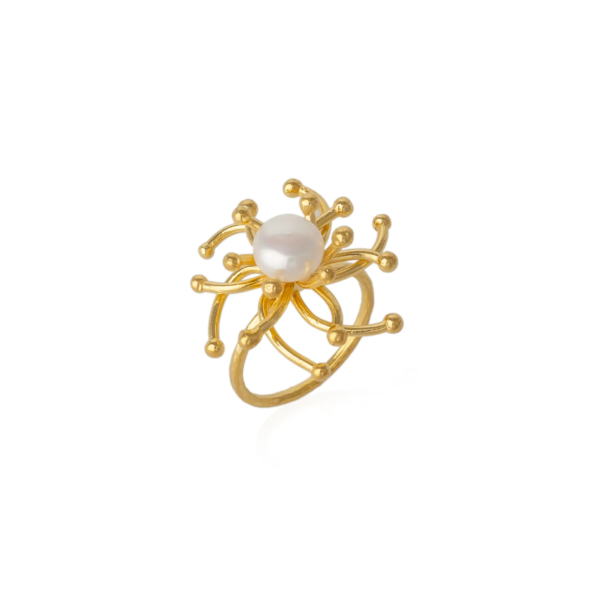Pearl Sun Molten Dripping Sunburst Sterling Silver Ring sold by Spero London