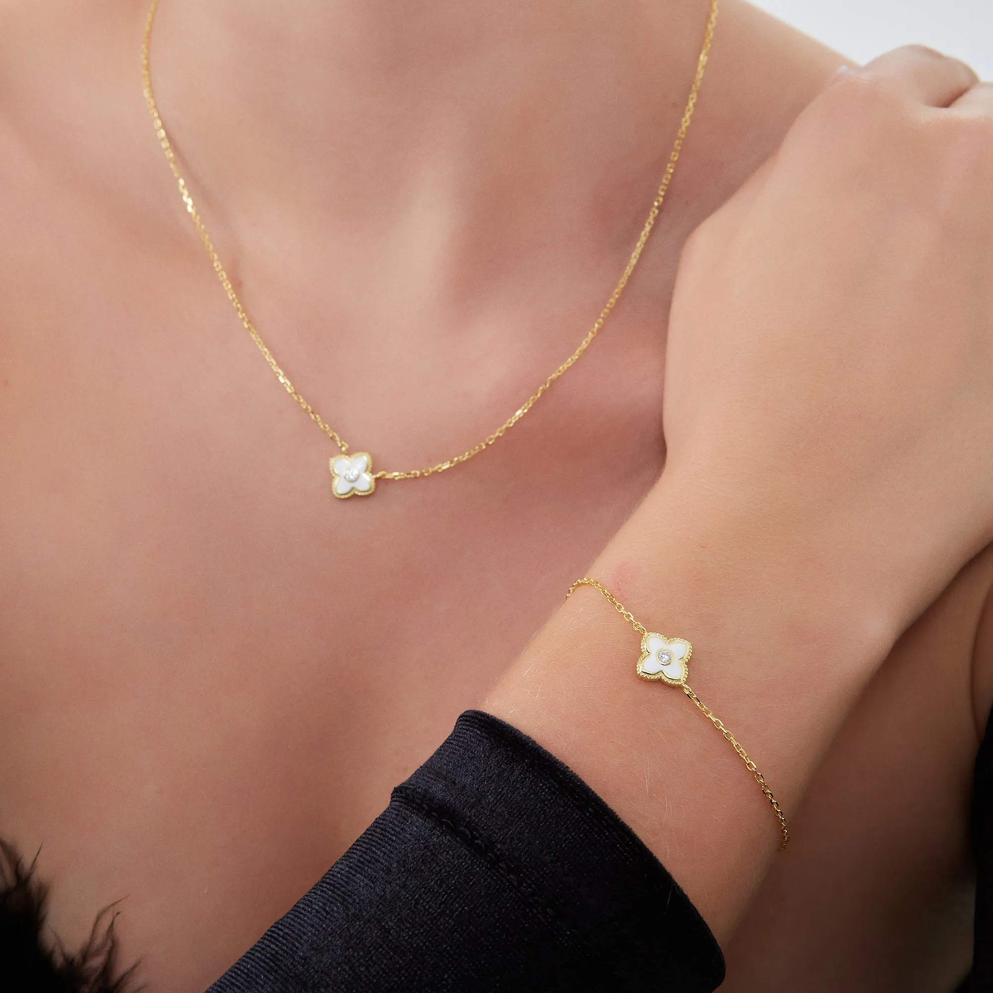 White Enamel Four Leaf Clover Necklace & Bracelet Set With Gemstone in Sterling Silver sold by Spero London product image thumbnail 2