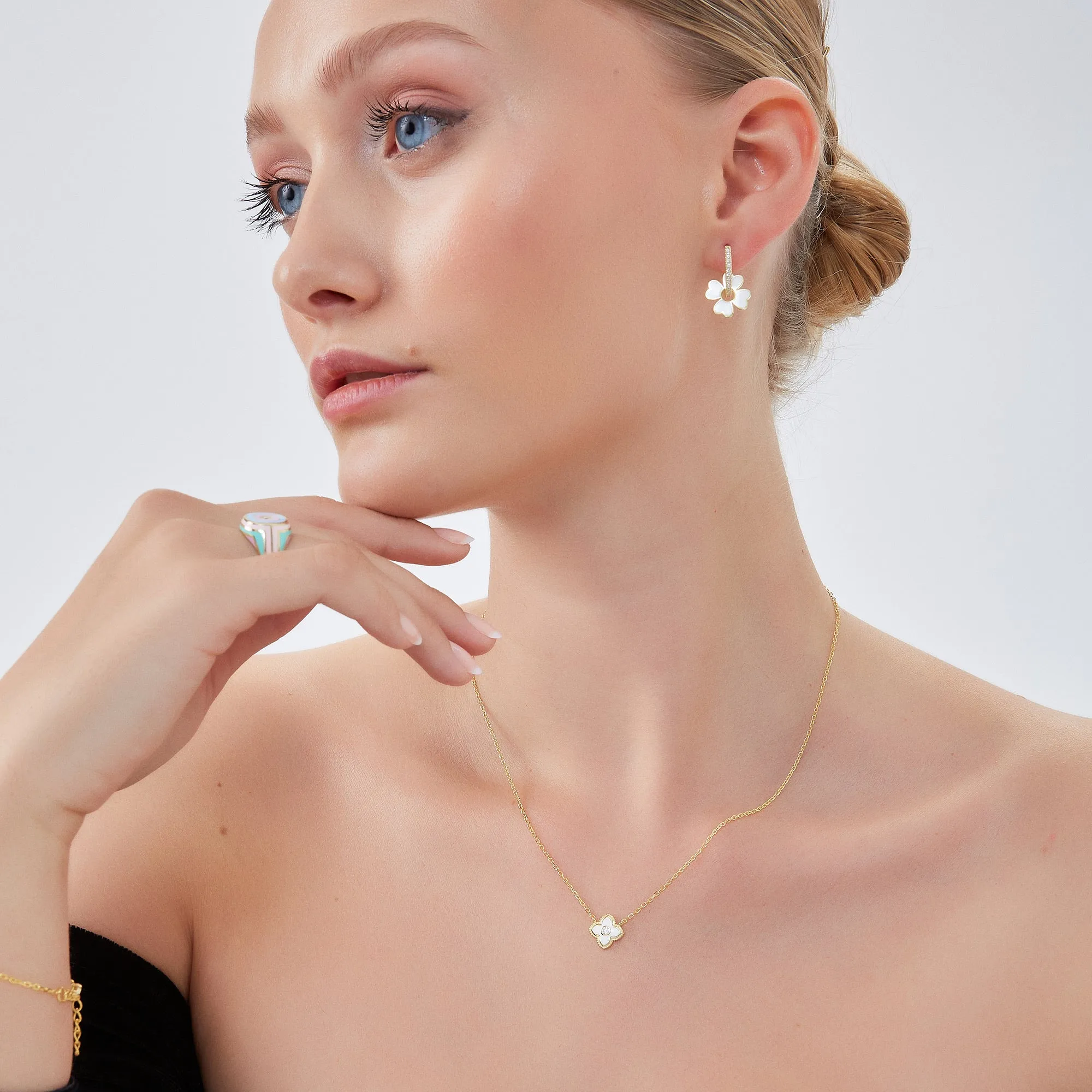 White Enamel Four Leaf Clover Necklace & Bracelet Set With Gemstone in Sterling Silver sold by Spero London product image thumbnail 5