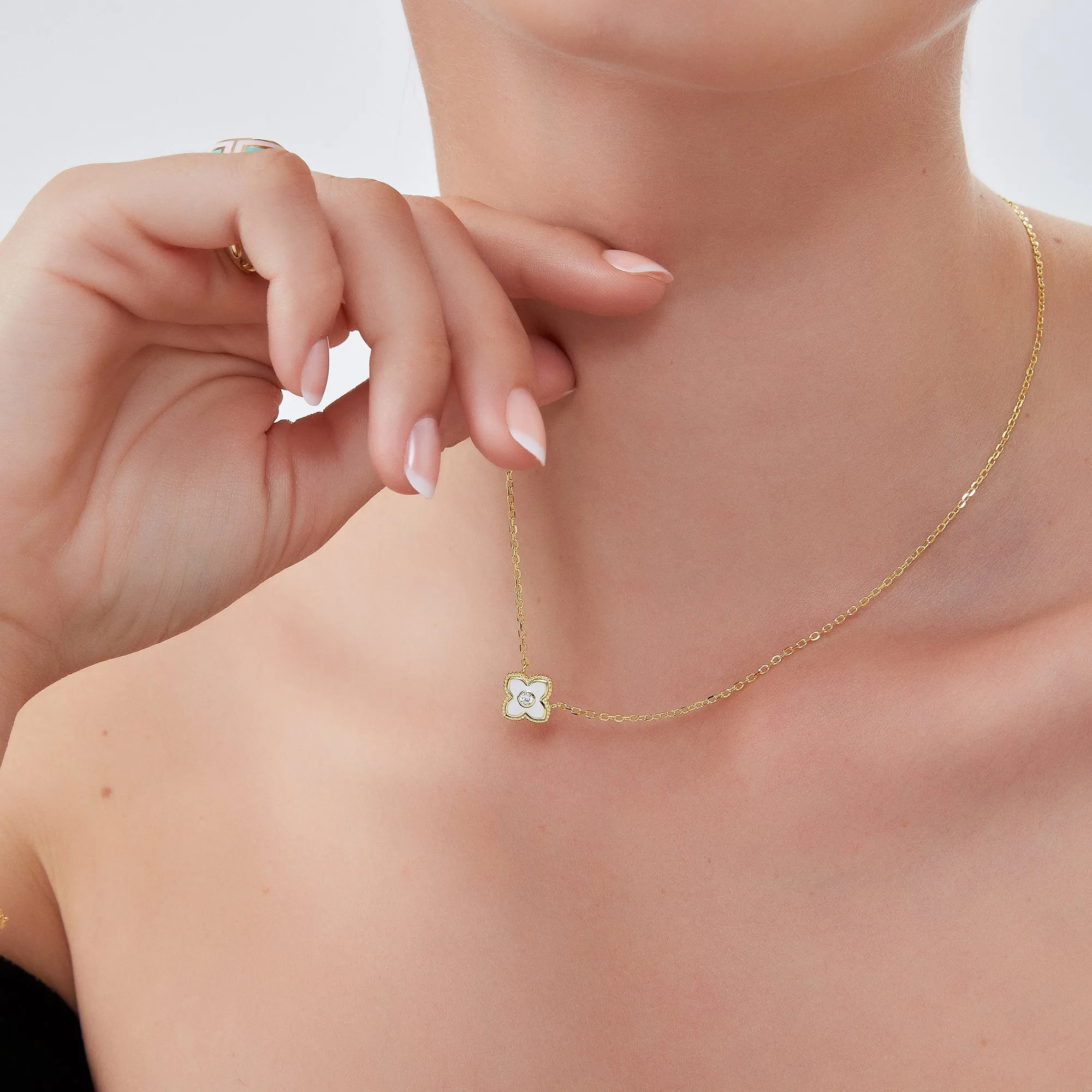 White Enamel Four Leaf Clover Necklace & Bracelet Set With Gemstone in Sterling Silver sold by Spero London product image thumbnail 3