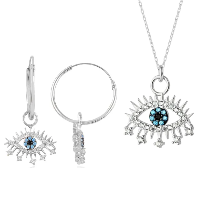Evil Eye Earring Blue Eye Sterling Silver Pendant Eyelash Necklace and Earring Set sold by Spero London