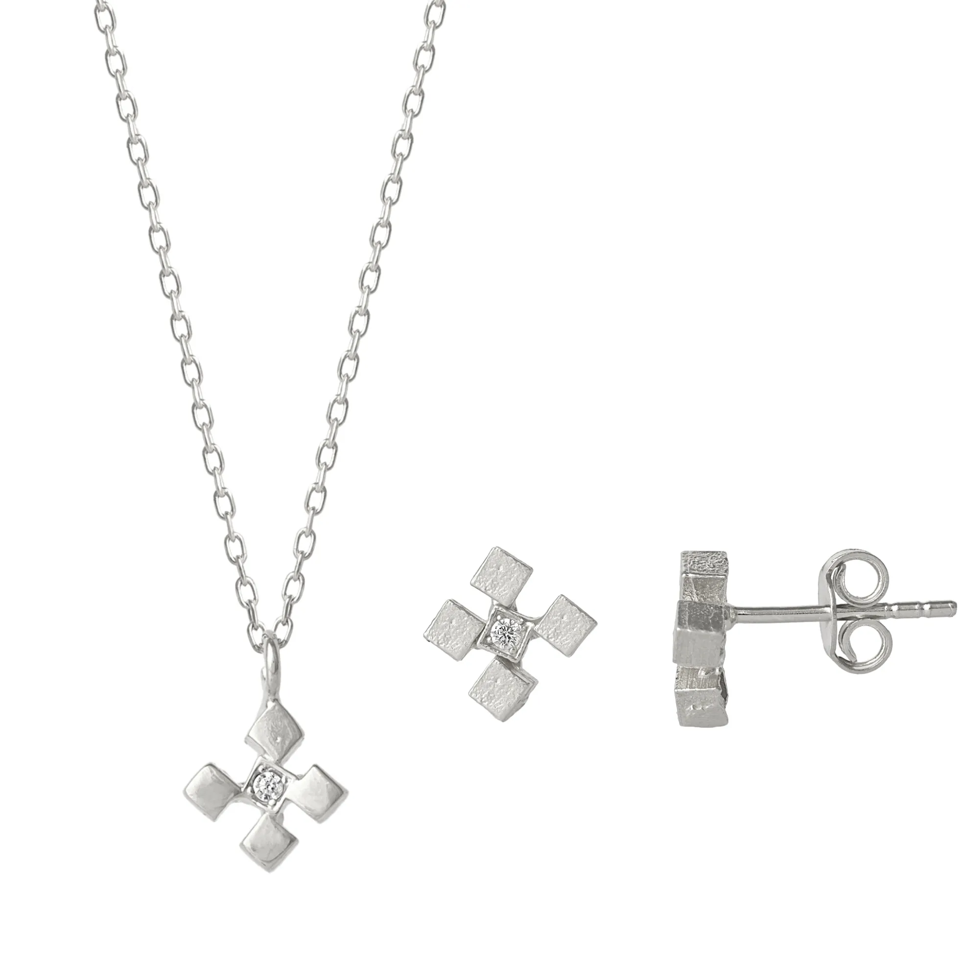 Four Cube Blocks Natural Textured Sterling Silver Authentic Earring and Pendant Necklace Set sold by Spero London