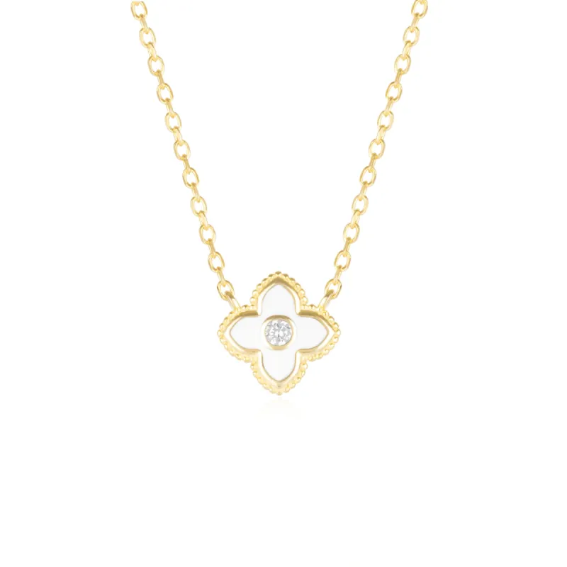 White Enamel Four Leaf Clover Necklace With Gemstone in Sterling Silver sold by Spero London