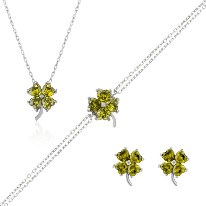 Four Leaf Clover Sterling Silver Stud Earrings Bracelet and Necklace Set - Mystic Green sold by Spero London