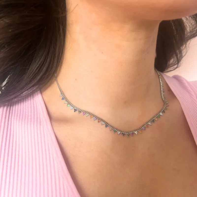 Colourful Rainbow Jewelled Triangle Sterling Silver Station Necklace sold by Spero London