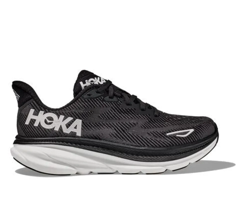 Hoka Mens Clifton 9 Wide Running Shoe - Black/White sold by Sportsmans Warehouse