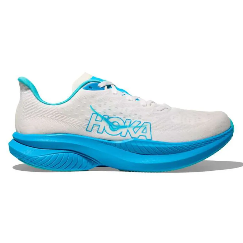 Hoka Mens Mach 6 D-White/Skyward Blue sold by Sportsmans Warehouse