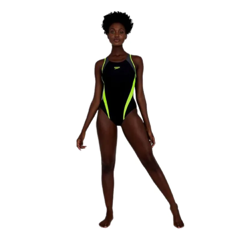 Speedo Womens Splice Muscleback Swimsuit - Black/Flu Yellow/Grey sold by Sportsmans Warehouse