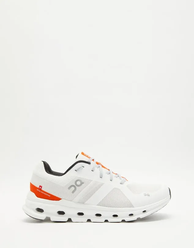ON Mens Cloudrunner (D) Undyed-White/Flame sold by Sportsmans Warehouse